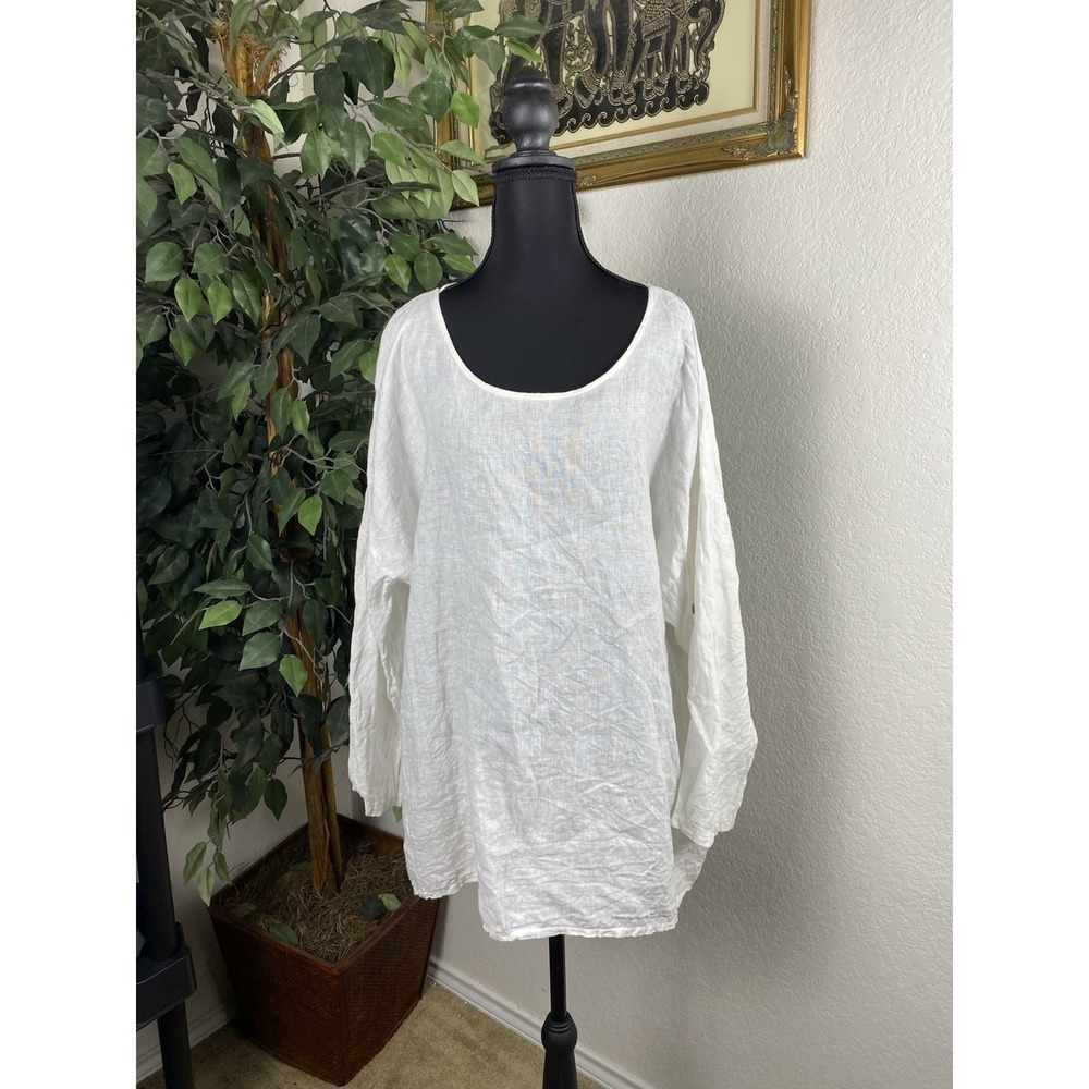 Terzo Millennio Linen Top Women's 2X White Blouse Tunic Button Back Italy Made
